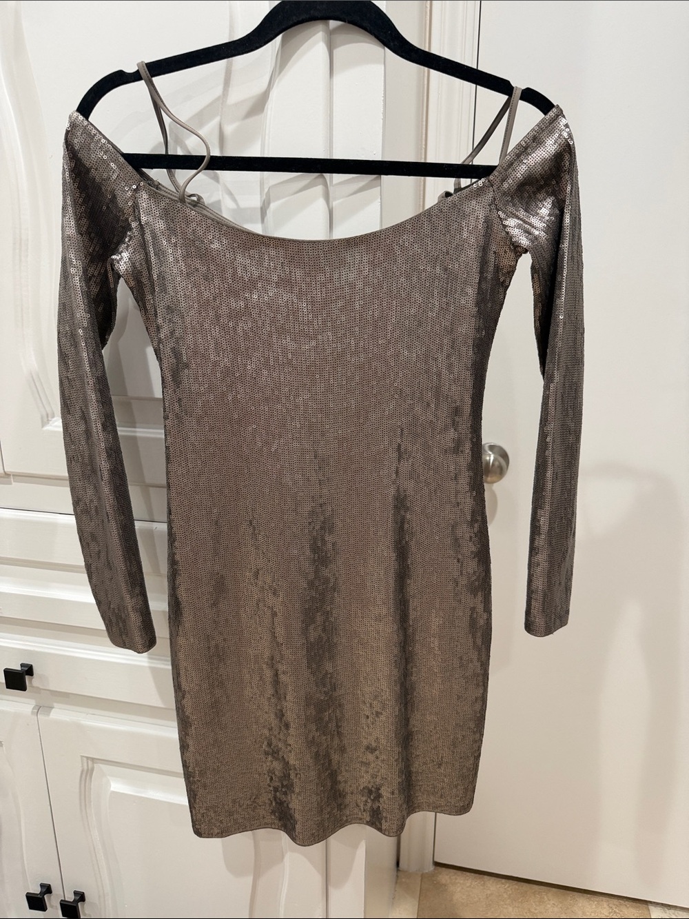 Metallic Silver-Bronze Off-Shoulder Long Sleeve Dress
